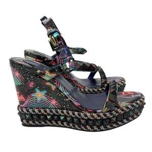 Christian Louboutin Sandals Pyraclou Studded Patent Leather Platform Wedges 38